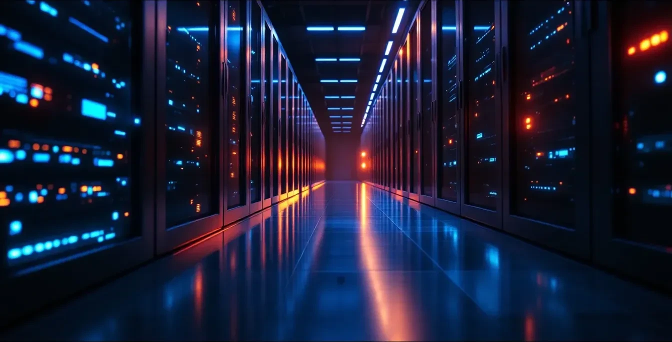 A photoreal editorial scene shot from a low angle in a dark enterprise data center corridor: rows of illuminated server