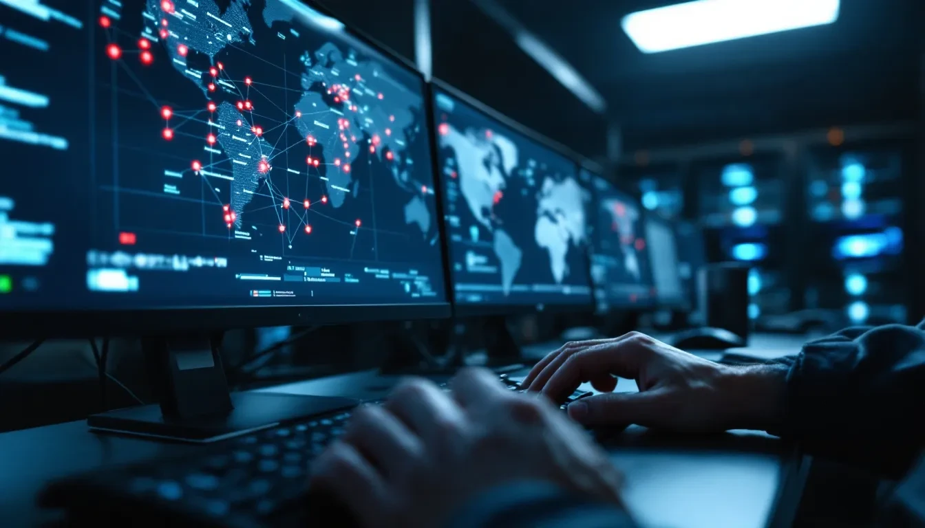 A photoreal editorial scene showing a law enforcement agent's hands on a keyboard in a dimly lit federal operations cent